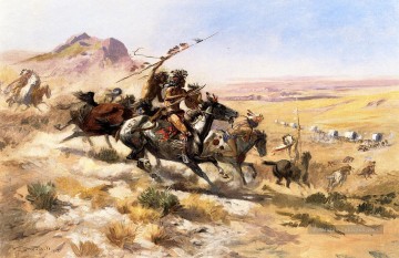  Charles Art - Attaque sur un wagon Train Art occidental Amérindien Charles Marion Russell